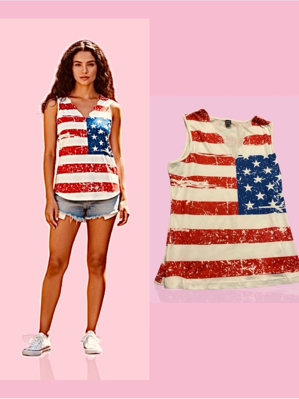 Sleeveless American Flag Print Tank Top - Red/Blue  4th of July ready